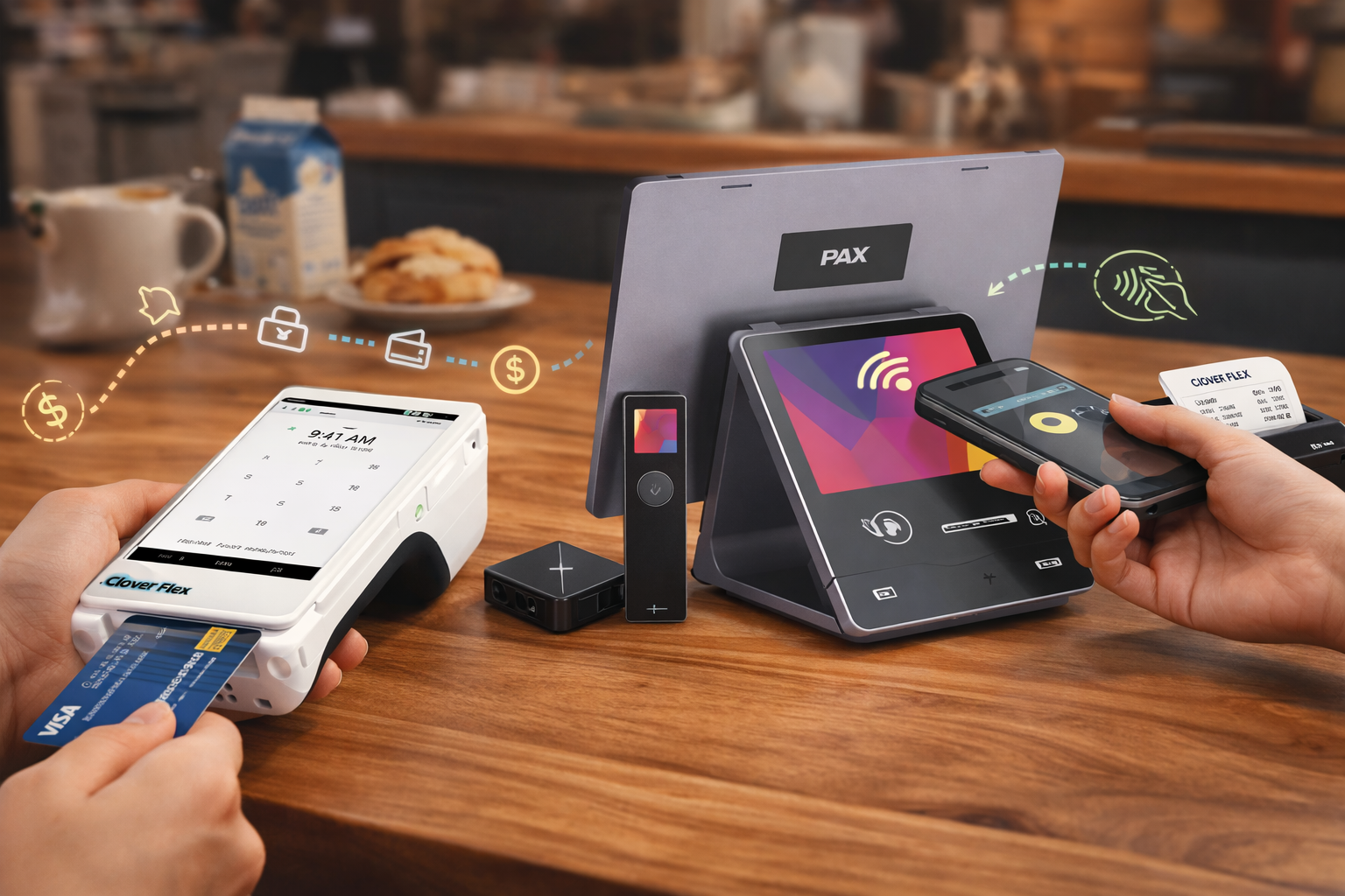 Equipos POS modernos en una escena comercial para pagos rapidos