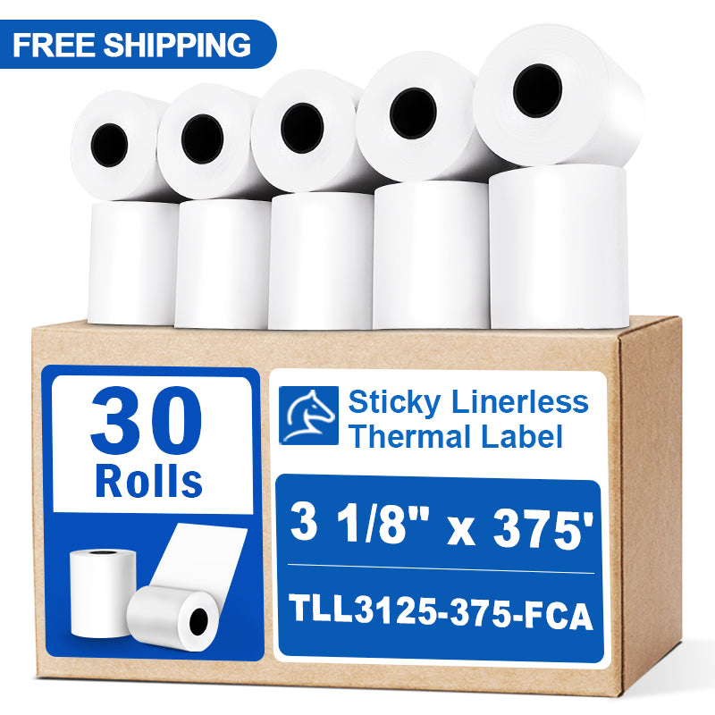 3 1/8“ x 375' Sticky Linerless Thermal Label Rolls (30 rolls) - Full Coverage Adhesive