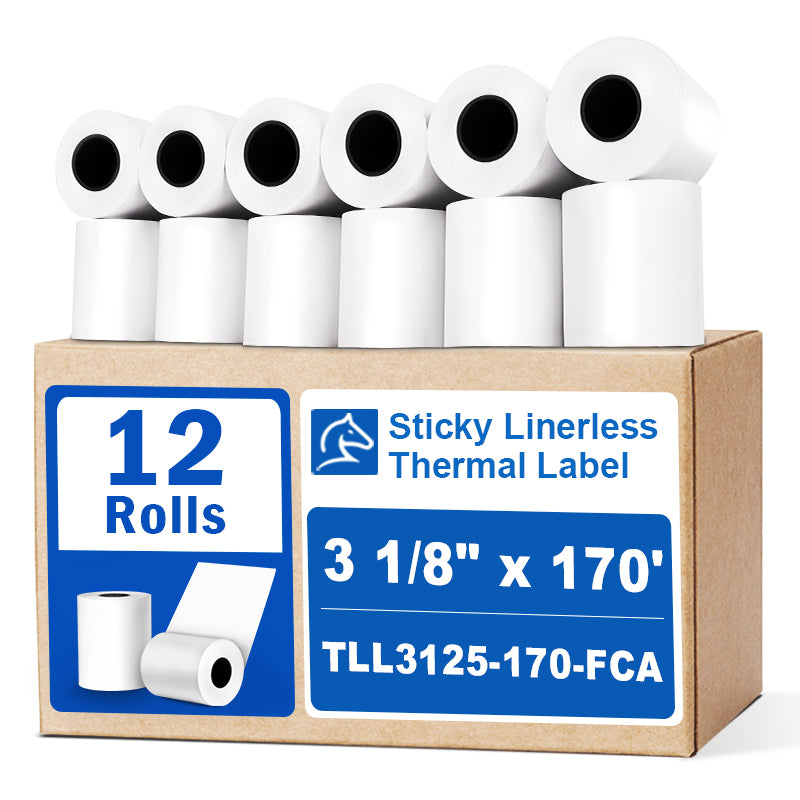 3 1/8“ x 170' Sticky Linerless Thermal Label Rolls (12 rolls) - Full Coverage Adhesive