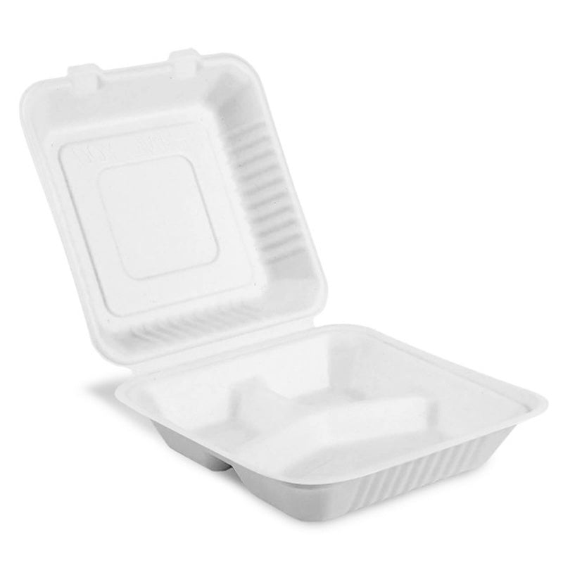 8"x8"x3" 3 Compartment Clamshell To-go Containers White 200 pcs