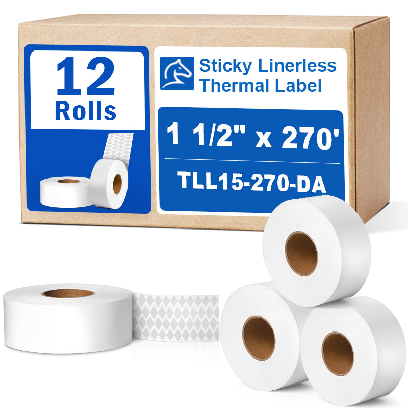 1 1/2“ x 270' Sticky Linerless Thermal Label Rolls (12 rolls) - Diamond Adhesive