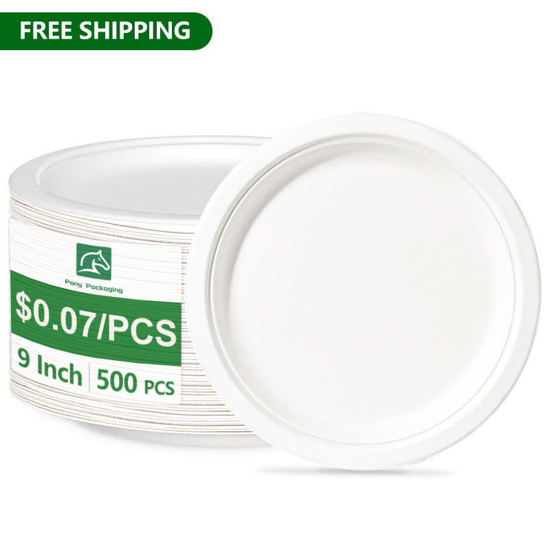 9" Compostable Plates White Round Heavy Duty 500 pcs