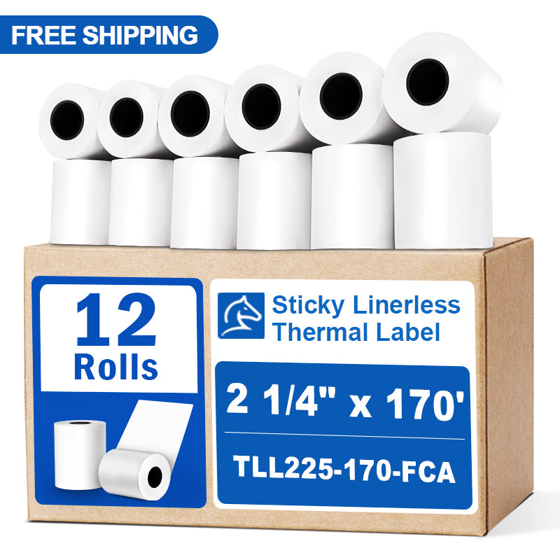 2 1/4“ x 170' Sticky Linerless Thermal Label Rolls (12 rolls) - Full Coverage Adhesive