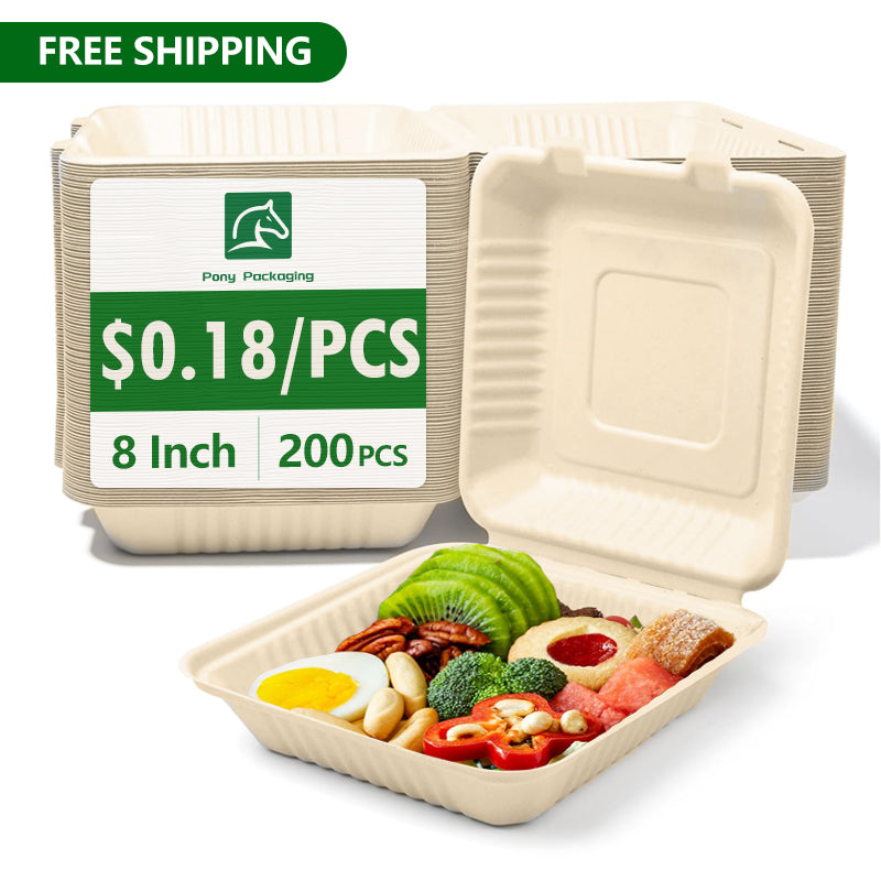 8"x8"x3" Compostable Clamshell Containers PFAS Free 200 pcs
