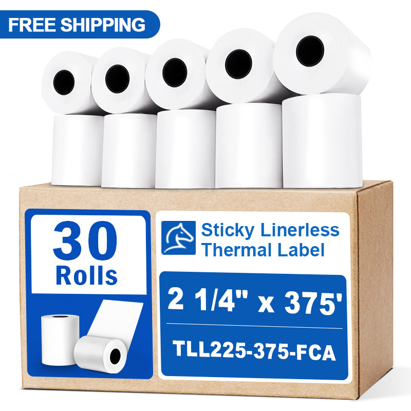2 1/4“ x 375' Sticky Linerless Thermal Label Rolls (30 rolls) - Full Coverage Adhesive
